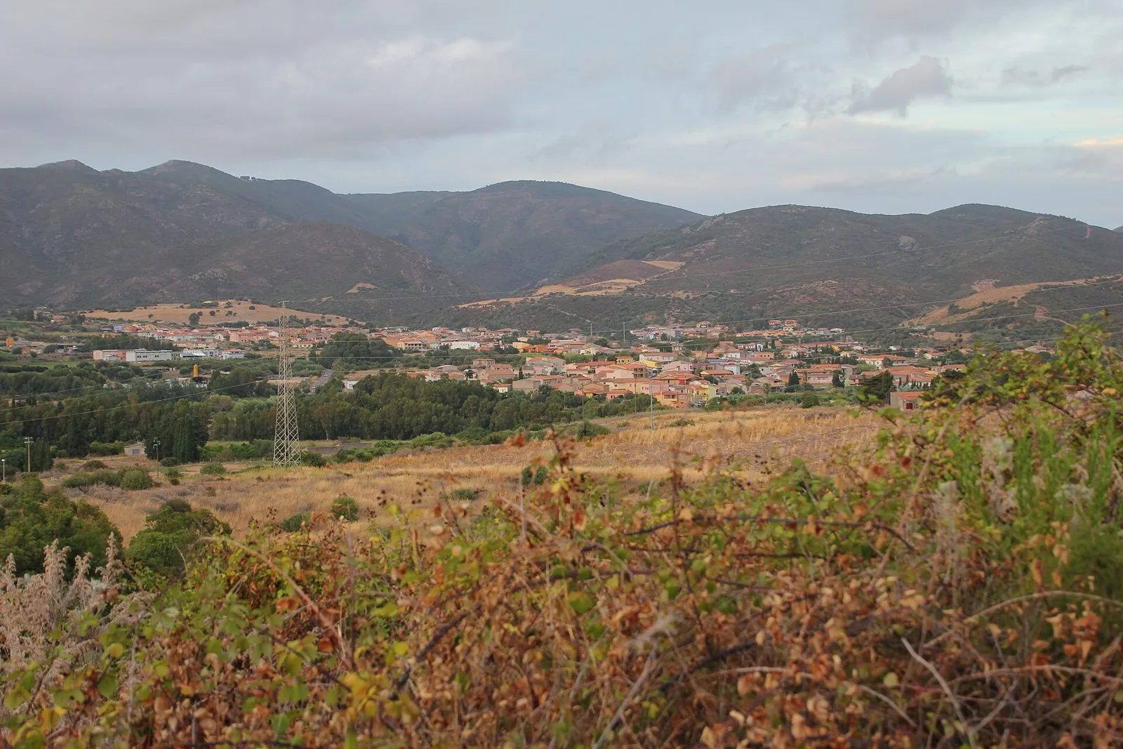 Panorama di Viddalba con le case del paese ai piedi delle colline e campi dorati in primo piano